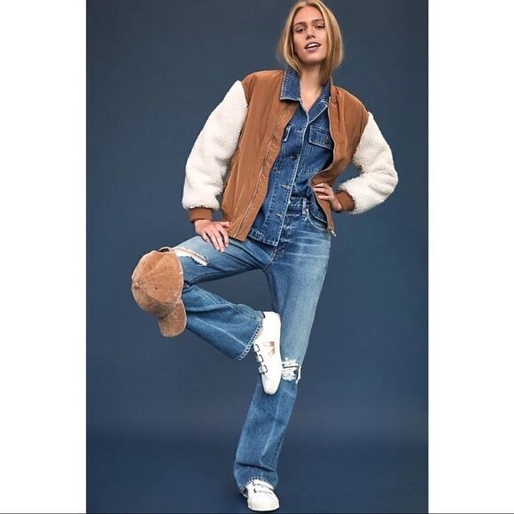 NEW Anthropologie BB Dakota Georgie Sherpa-Sleeved Bomber Jacket Coat Small - Picture 1 of 5